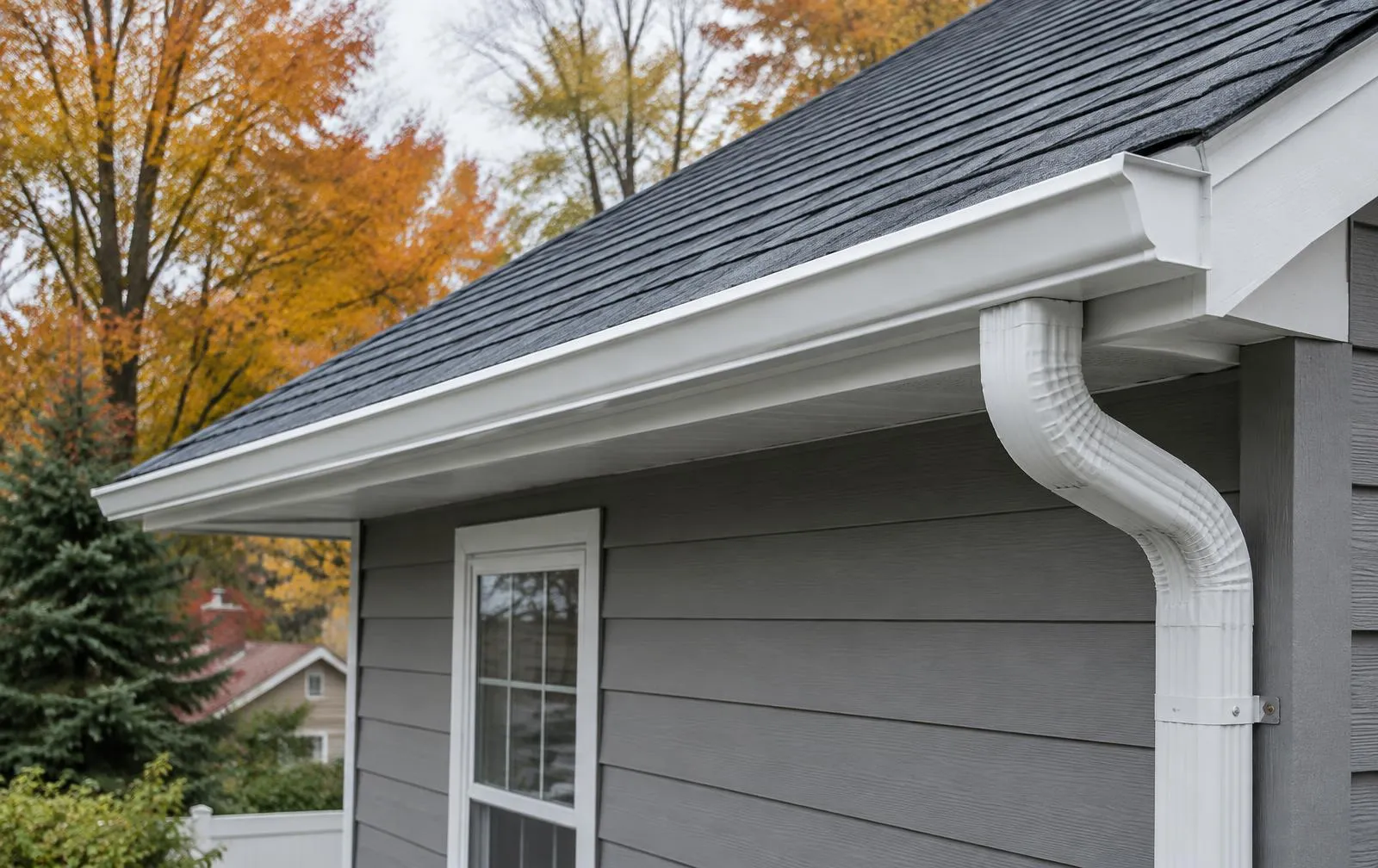 White seamless gutter and downspout on a gray-sided New Jersey house in autumn